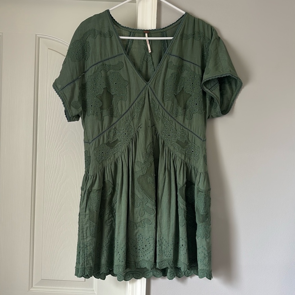 Free People embroidered green mini dress